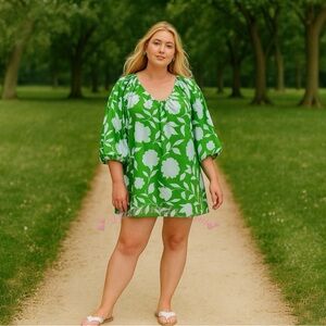 Kate Spade Classic Rose Poplin Long Sleeve Mini Dress Green Floral Dress